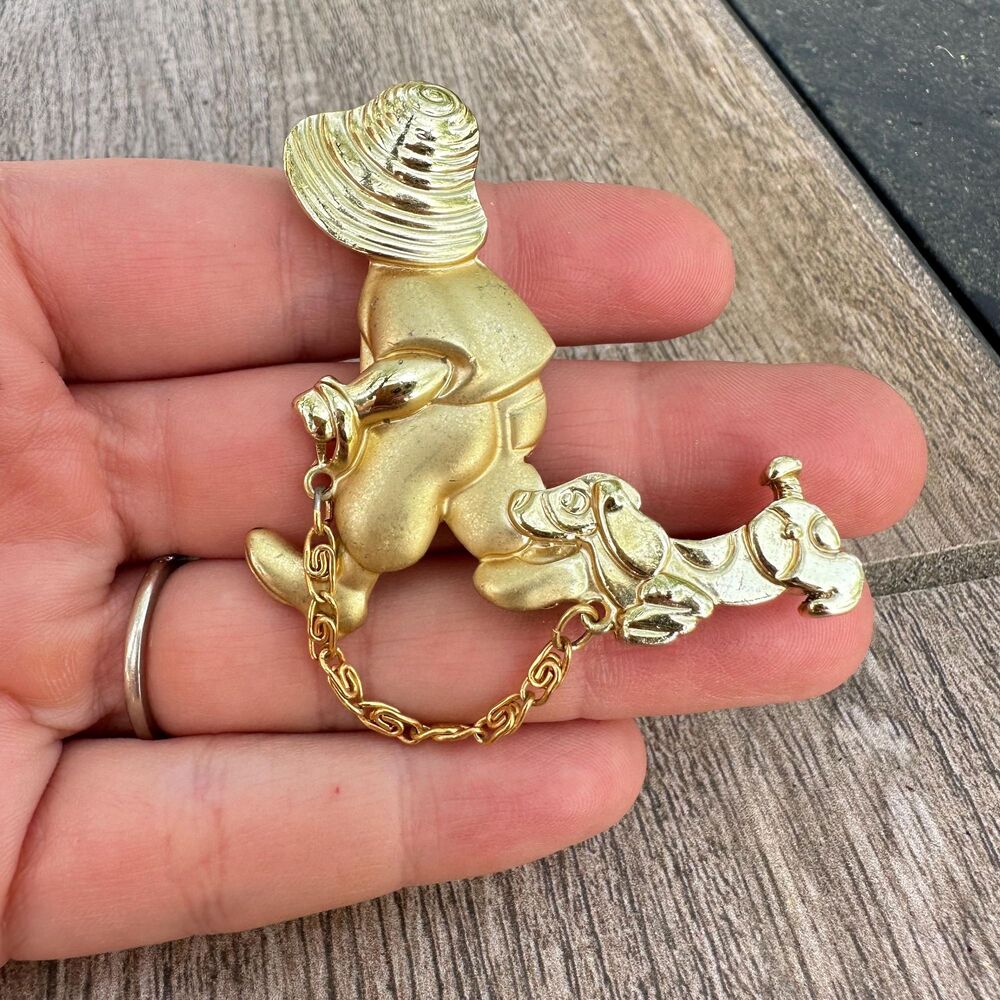 Vintage Jewelry Rare Man Walking Dachshund Brooch Weiner Dog on Leash Brooch Dac